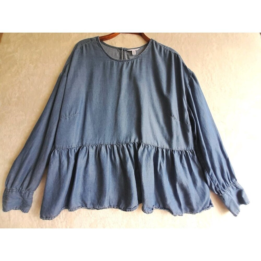 Womens Size XXL Boho Peasant Cottagecore Chambray Denim Ruffle Hem Blouse Blue